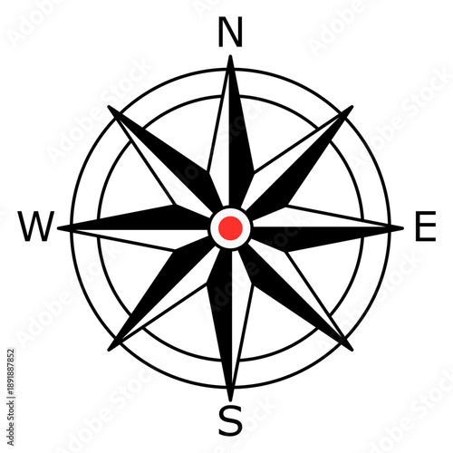 Nautical compass symbol with red center point, simple flat style Directional sign with N S E W letters for geography and orientation