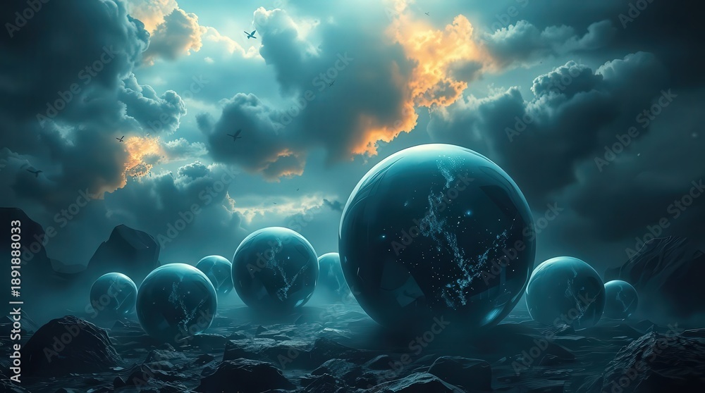 custom made wallpaper toronto digitalGlowing orbs on rocky terrain under dramatic cloudy sky with sunset