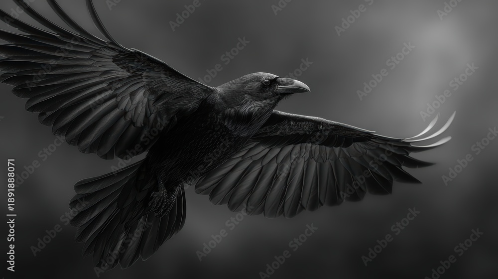 Fototapeta premium Flying black raven in monochrome, capturing the essence of Halloween