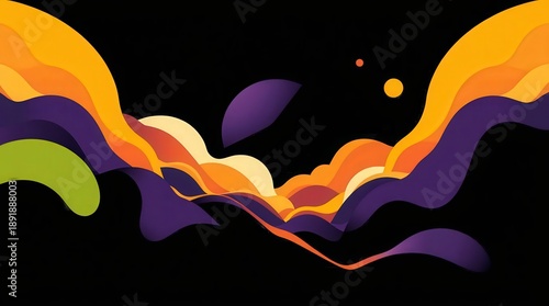 Wallpaper Mural Vibrant abstract waves in purple, orange, and green on black background Torontodigital.ca