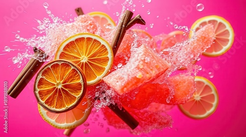 Wallpaper Mural Vibrant orange slices and cinnamon sticks splash into refreshing pink background Torontodigital.ca