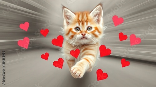 Wallpaper Mural Adorable orange kitten surrounded by floating red hearts in motion Torontodigital.ca