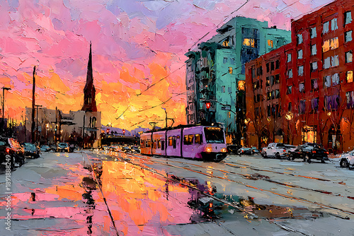 A vibrant, painterly city street at sunset with a tram moving through wet pavement, reflecting colorful buildings, lights, and a dramatic sky.