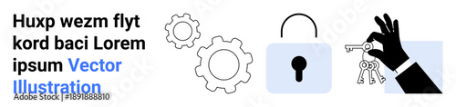 Cybersecurity, data protection, authentication, information security, technology, encryption. Lock and key with gears and hand holding keys. Cybersecurity and data protection concept