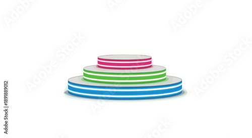 Three Tiered Colorful Display Podium with White Stripes Isolated on White Background