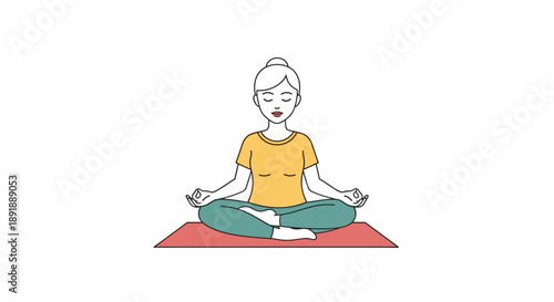 Line Art Illustration of Woman Meditating on Red Yoga Mat in Yellow Shirt