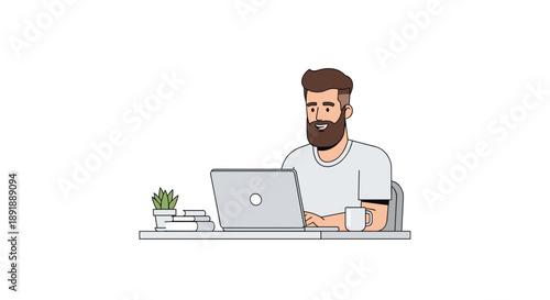 Bearded Man Working on Laptop at Desk with Coffee and Plant Illustration