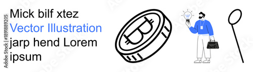 Innovation, cryptocurrency, business strategy, idea generation, productivity, digital economy. A businessman holding a lightbulb, a magnifying glass and a cryptocurrency coin concept. Innovation