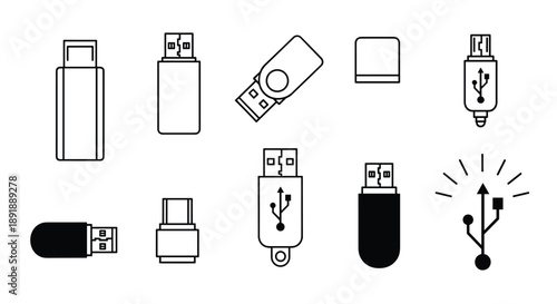 Grid of Various USB Flash Drive and Connection Icons Black and White Set