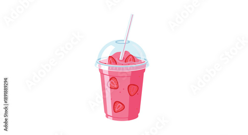 Pink Strawberry Smoothie in Clear Plastic Cup with Dome Lid and Straw