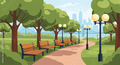 A serene park scene with benches and streetlights along a winding pathway towards a distant cityscape