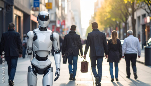 Humanoid robot walks down a city street alongside pedestrians in the sunlight
