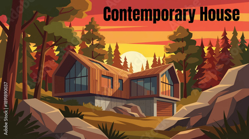 contemporary house surrounded by dense forest, combining clean architectural lines with natural elements for sustainable living and modern lifestyle visuals