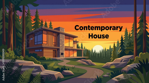 contemporary house surrounded by dense forest vector cartoon illustration, combining clean architectural lines with natural elements for sustainable living and modern lifestyle visuals