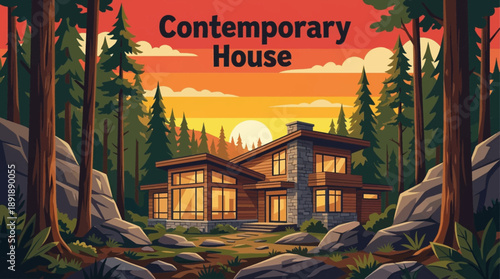 contemporary house surrounded by dense forest, combining clean architectural lines with natural elements for sustainable living and modern lifestyle visuals