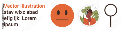 Communication, emotional expression, search tools, online interaction, digital graphics, social concepts. Neutral face emotion, person talking magnifying glass. Communication and emotional