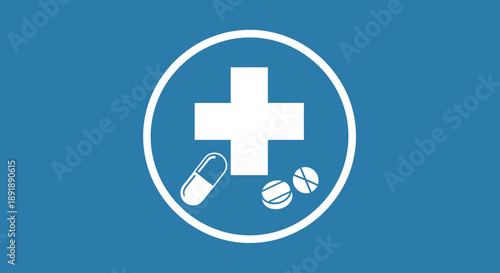 Healthcare and pharmaceutical icon with white medical cross, capsule, and pills on a solid blue background, symbolizing medicine and first aid.