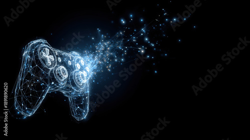 Fun gaming entertainment. A digital artwork of a game controller with glowing blue lights emanating from it against a dark background. The controller is composed of connected lines and dots.