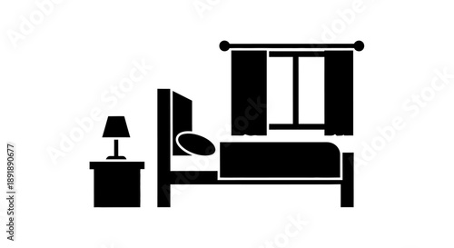 Black silhouette icon of a bedroom with bed, nightstand, lamp, and window, representing accommodation or hotel room.