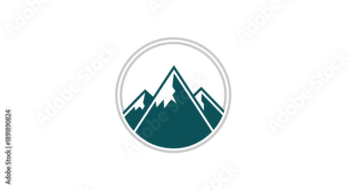 Minimalist mountain peaks logo design within a circle frame. Stylized vector illustration of snowy mountains for nature, adventure, or outdoor themes.