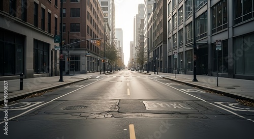 A long straight city street stretches into the distance framed by tall buildings and bathed in bright sunlight high quality