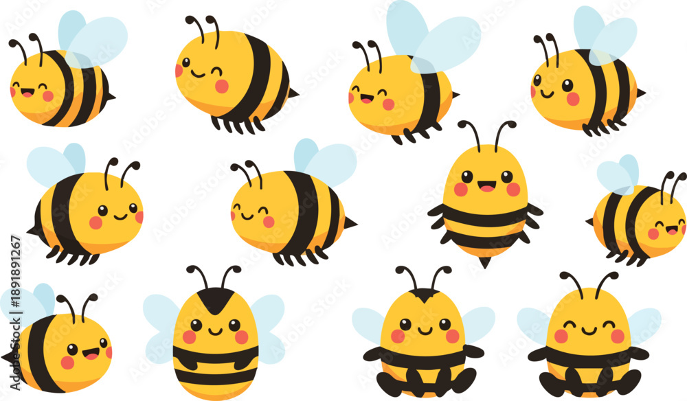 Naklejka premium Cartoon Bees Flying with Smiling Faces.