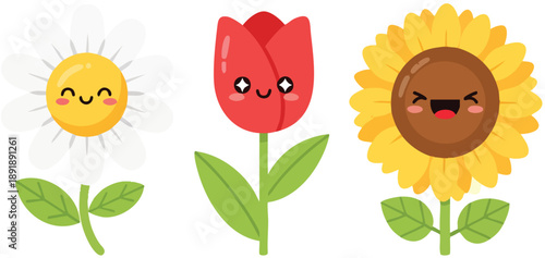 Cartoon Flowers with Smiling Faces.