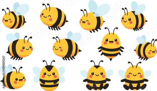 Cartoon Bees Flying with Smiling Faces.