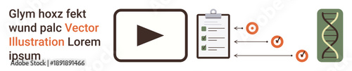 Content creation, video production, education, project management, scientific research, data sharing. Play button, checklist and DNA graphic displayed sequentially. Video production and education