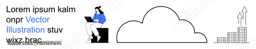 Cloud computing, online services, data management, business growth, technology solutions, remote work. Woman sitting with a laptop beside a large cloud outline and upward growth graphics. Cloud