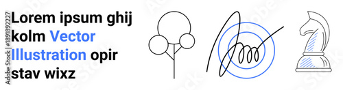 Business tactics, strategic planning, abstract thinking, design inspiration, modern art, graphic resources. Minimalistic line art of a chess knight, abstract tree and spiral. Business tactics