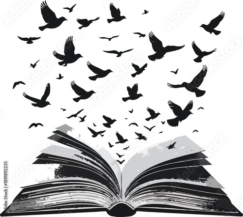 Open Book with Pages Transforming into Flying Bird Silhouettes Representing Freedom and Imagination