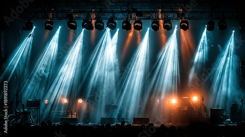 Stage with bright blue and orange spotlights and musical instruments.