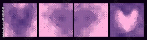 Pixelated bitmap halftone heart texture. Glitch dot gradient background. Leisure or arcade games duotone border frame. Retro pixel art 8 bit pattern. Vector illustration