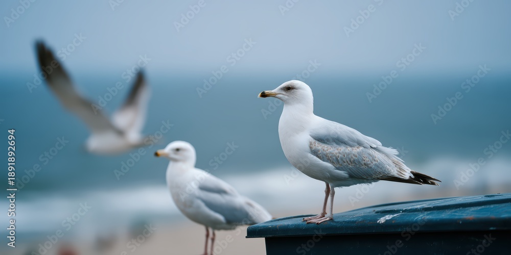 Obraz premium Gulls perched on a trash container overseeing the shore
