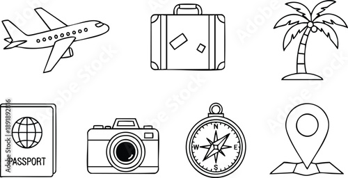 Travel Icons Airplane Suitcase Palm Tree Symbols.