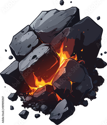 Glowing Ember Amidst Dark Ash Highlighting Fiery Texture and Charred Surface Details