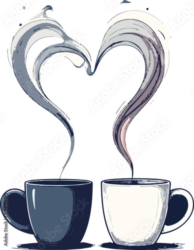 Two Adjacent Mugs Creating Heart-Shaped Smoke Trail Representing Love, Connection, and Warm Beverage Concept