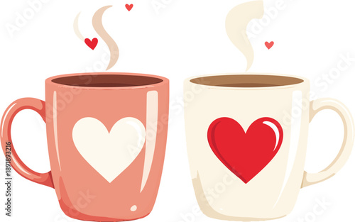 Romantic Matching Pair of Coffee Mugs with Heart-Shaped Steam Symbolizing Love, Warmth, and Cozy Moments