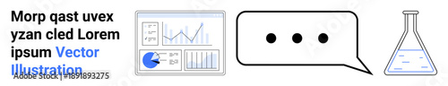 Graph panel showcasing statistical charts, speech bubble with ellipses for communication, and flask symbolizing scientific research. Ideal for data analysis, teamwork, research, communication