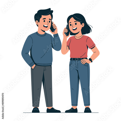 Smiling couple communicates actively while holding mobile phones to their ears together.