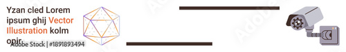 Technology, surveillance, cybersecurity, geometric design, data connection, privacy concepts. A geometric shape connects to a security camera via lines. Cybersecurity and surveillance concept