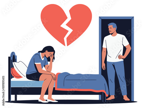 Man stands by doorway while woman sits sadly on bed with giant broken heart above.