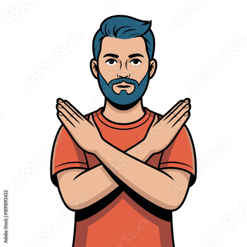 Bearded man with blue hair signals prohibition by crossing his arms in a clear X shape.