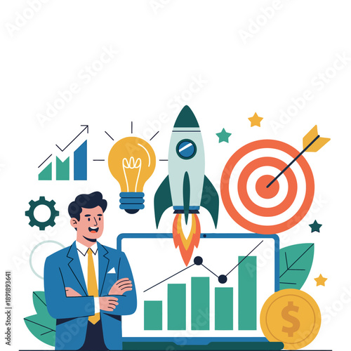 Businessman stands confidently near a laptop showing growth charts and a launching rocket.