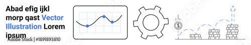 Graph with upward trend, gear symbol, dollar coin, and stacked coins showcasing progress, investment, economic growth. Ideal for finance, business, strategy analytics technology economy simple