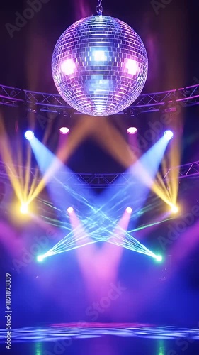 A vibrant disco ball spinning under colorful stage lights in a nightclub video