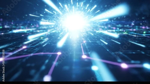 Abstract glowing digital network with data flow light