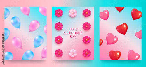 Happy Valentine's Day! A set of greeting cards with balloons, flowers, and a gradient background. Vector