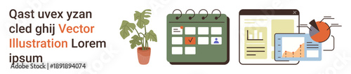 Project management, analytics, scheduling, organization, planning, productivity. A calendar, charts and a plant in the image. Project management and analytics concepts
